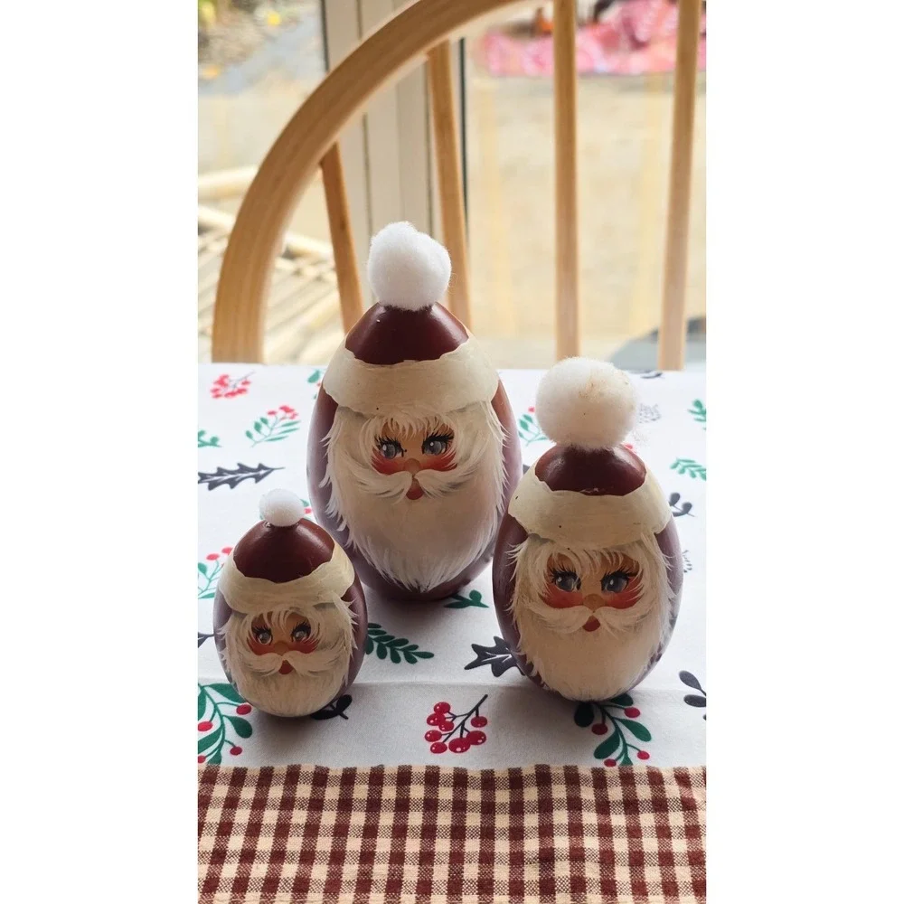 Collection of 3 vintage egg shaped wooden Santa ( aka Santa‎ eggs)